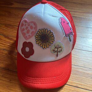 Custom Trucker Hat with Heart, Flower, Tree, Popsicle Patches Red, White, Pink